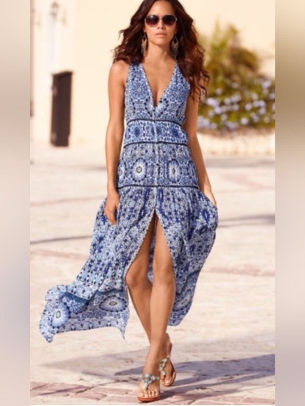 NWT Boston Proper White Sand Blue Tile Mosaic Maxi Dress Size XS